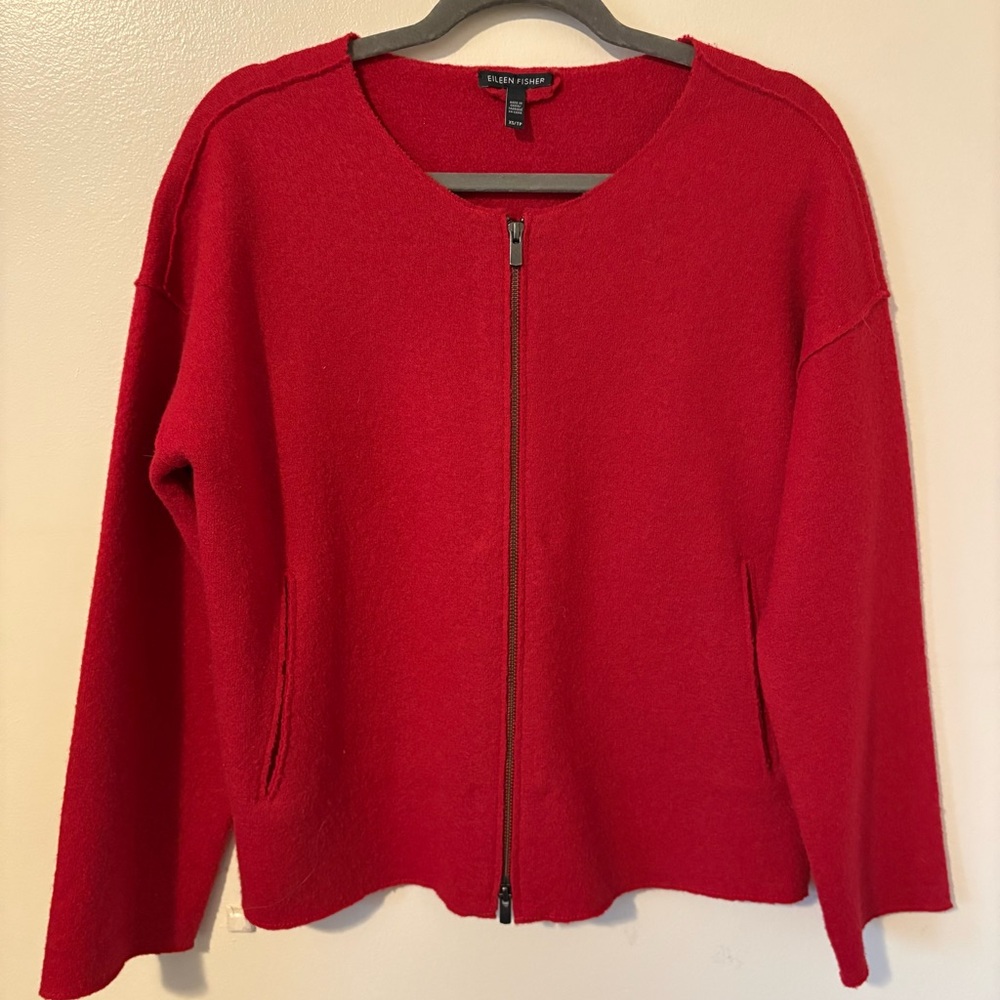 Eileen Fisher Red Boiled Wool Jacket X Small Full Zip Minimalist Lightweight